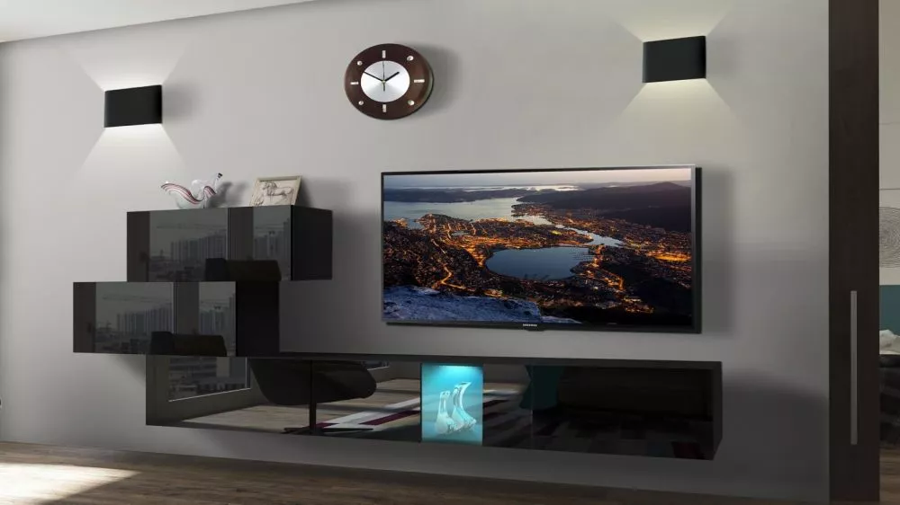 Sekcija Next 84 XL ar LED · Melns · 274 × 35 × 141 cm