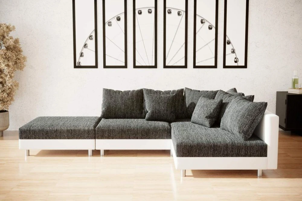 Dīvāns Claudia L Standard ar pufu · Melns + balts · 194 × 204 × 75 cm