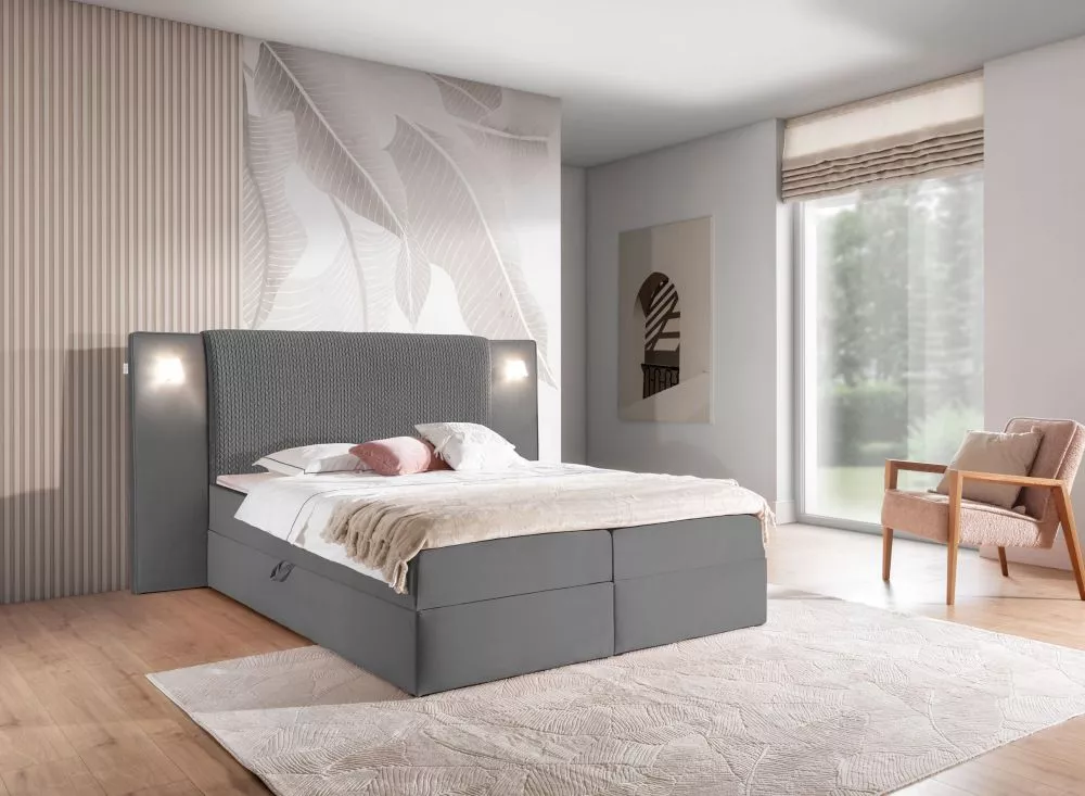 Gulta Marbella Boxspring Standard ar LED Guļamvietas platums: 140 cm, Guļamvietas garums: 200 cm, · Tumši pelēks · 213 ×