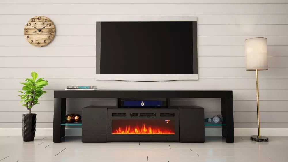 TV tumba Solido 200 LED ar kamīnu · Melns · 200 × 35 × 57 cm
