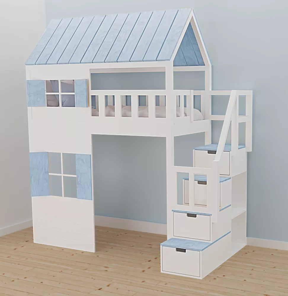 Bērnu gulta 101A ar stelāžu Kāpņu puse: Pa labi, Guļamvietas platums: 80 cm, Guļamvietas garums: 160 cm, · 112 × 212 × 2