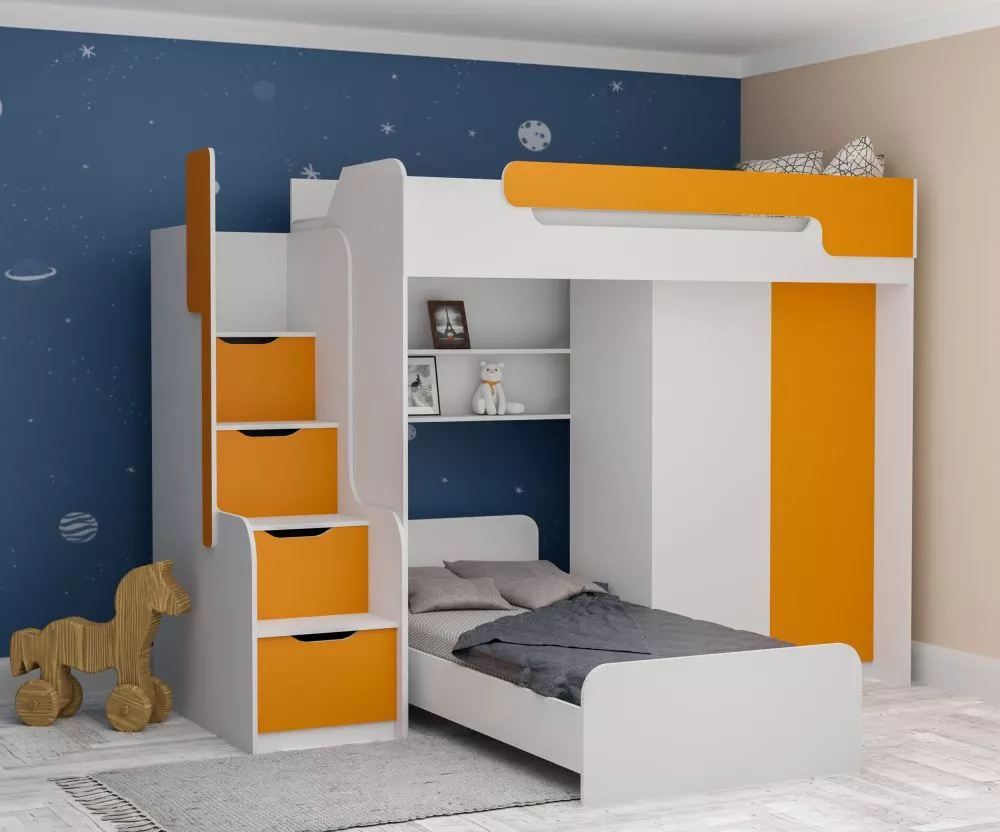 Bērnu gulta Dorian 2 90x200 ar stelāžām Guļamvietas platums: 90 cm, Guļamvietas garums: 200 cm, · 205 × 260 × 187 cm