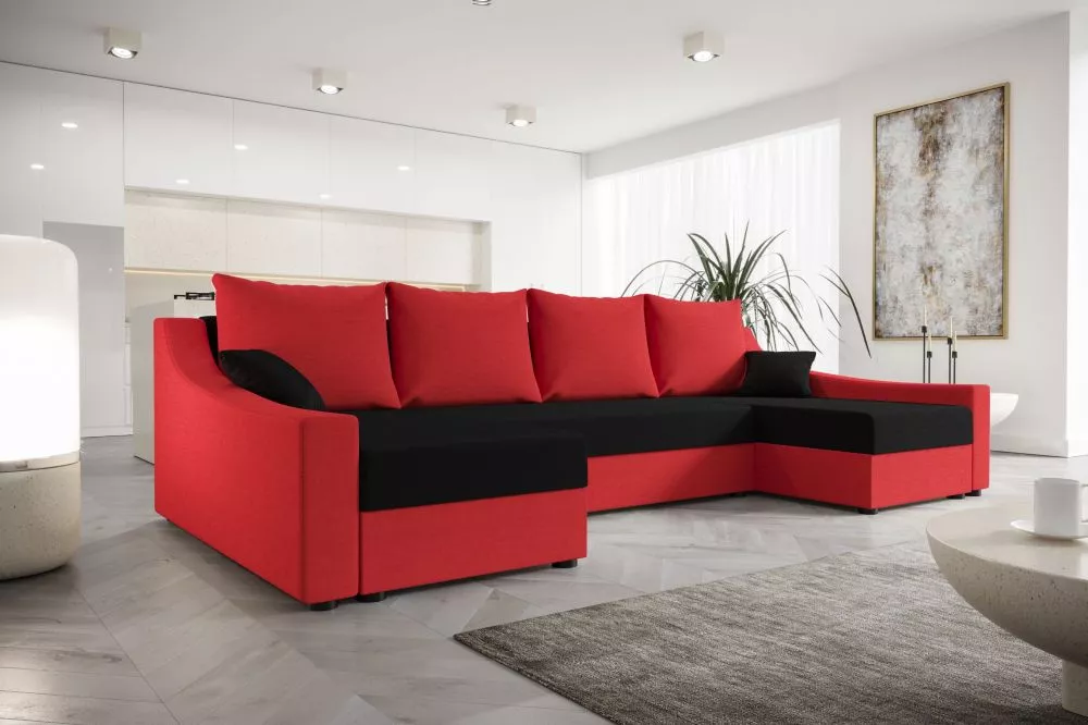 Dīvāns Ontario U Classic standard · Melns + sarkans · 140 × 303 × 90 cm