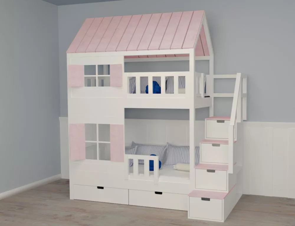 Bērnu gulta 101P ar stelāžām Kāpņu puse: Pa labi, Guļamvietas platums: 90 cm, Guļamvietas garums: 200 cm, · 118 × 252 × 