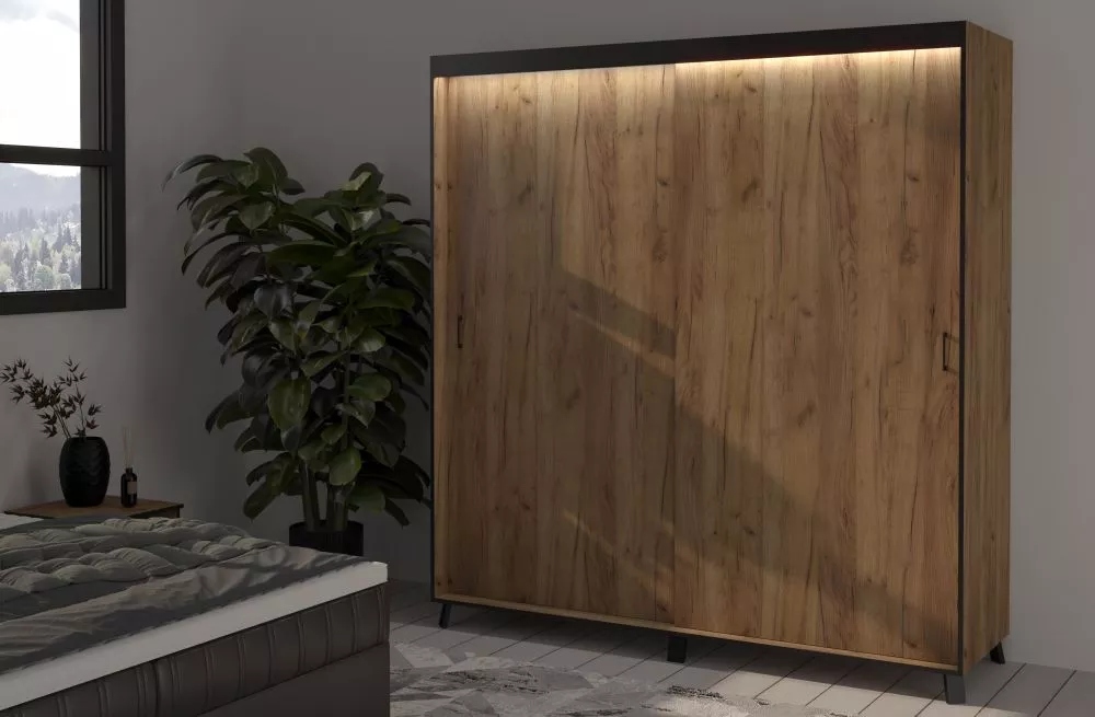 Skapis Bergamo ar LED · Ozols craft zelts · 200 × 61 × 215 cm