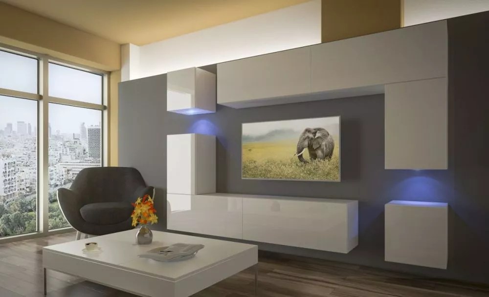Sekcija Next 5 ar LED · Balts · 256 × 35 × 197 cm