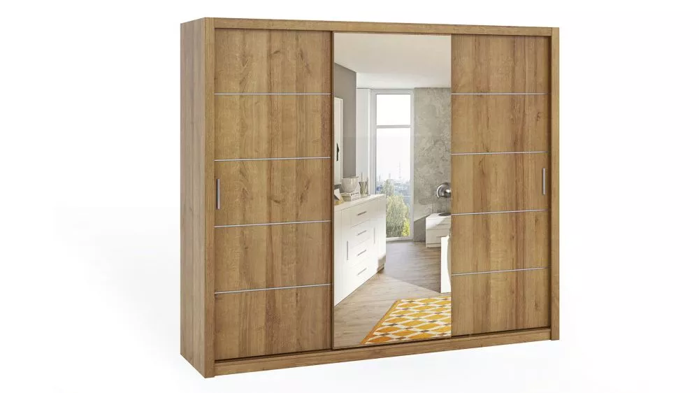Skapis Bono BO SZ ar spoguli · Zelta ozols · 250 × 62 × 215 cm