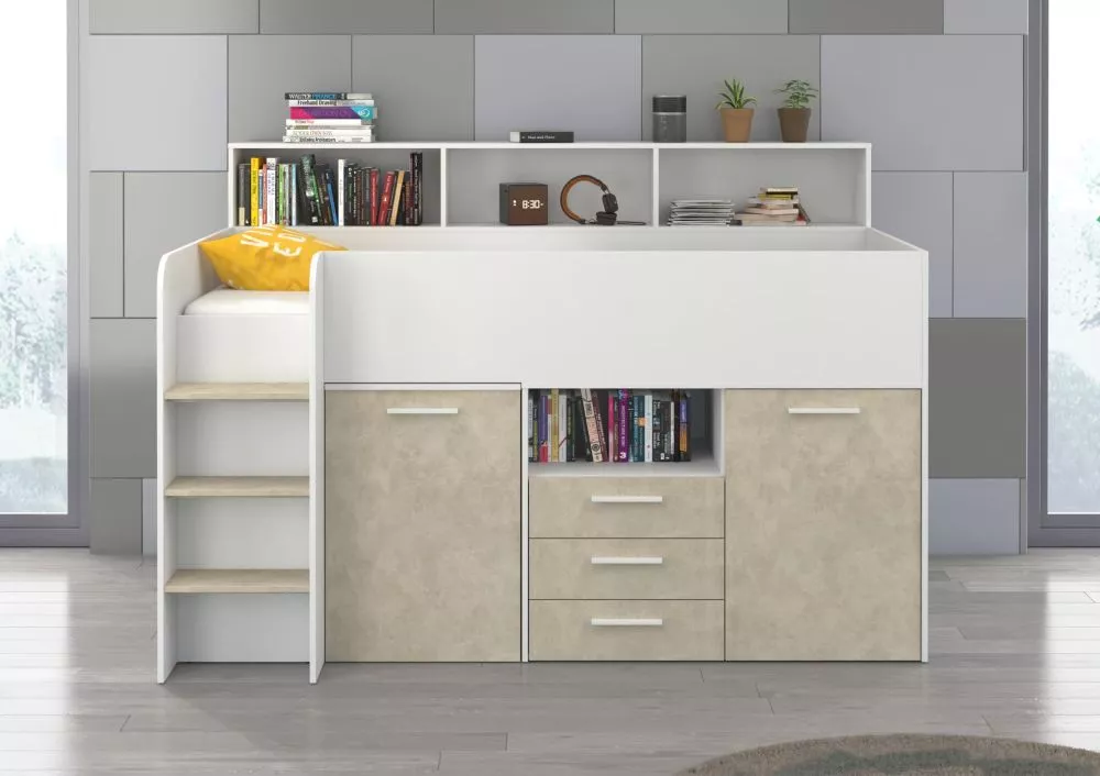 Divstāvu gulta Neo L ar stelāžu Guļamvietas platums: 80 cm, Guļamvietas garums: 200 cm, · 120 × 206 × 138 cm