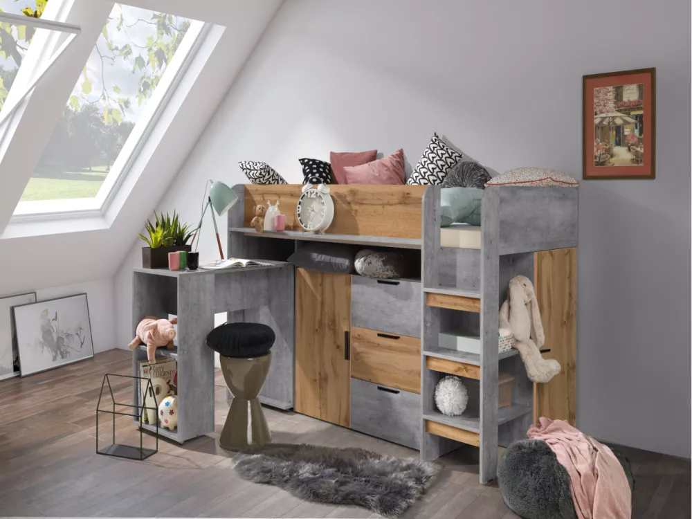 Bērnu gulta Konkret 1 ar stelāžu Kāpņu puse: Pa labi, Guļamvietas platums: 90 cm, Guļamvietas garums: 200 cm, · 106.6 × 