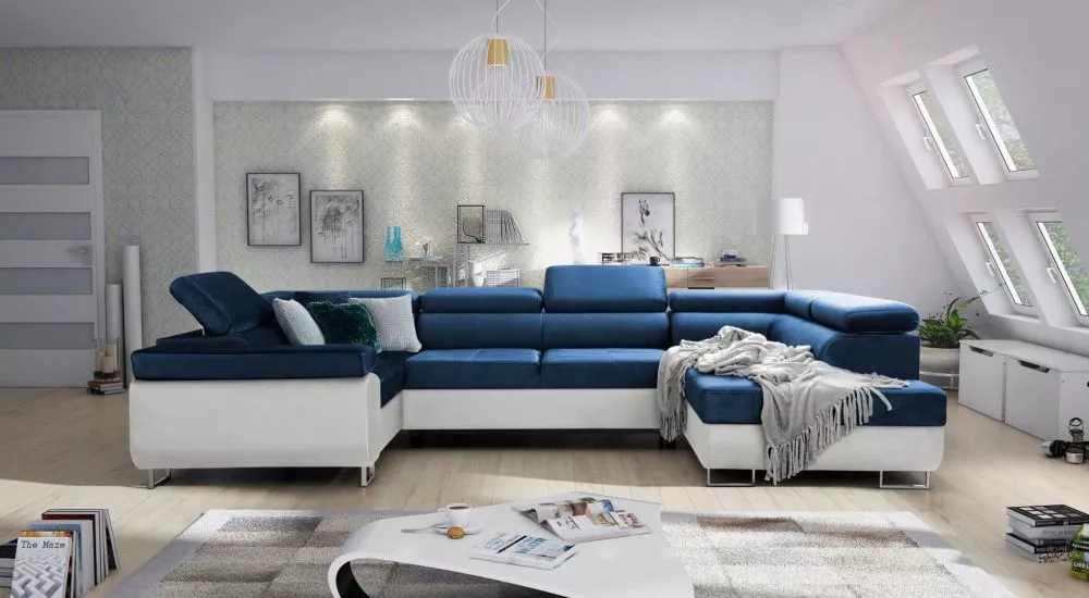 Dīvāns Annabelle U Eco Standard · Tumši zils + balts · 203 × 340 × 76 cm