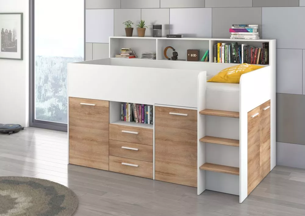 Divstāvu gulta Neo P ar stelāžu Guļamvietas platums: 80 cm, Guļamvietas garums: 200 cm, · 120 × 206 × 138 cm