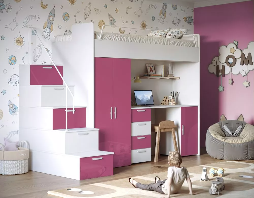 Bērnu gulta Raj 4 Gloss ar stelāžu Guļamvietas platums: 80 cm, Guļamvietas garums: 200 cm, · 120 × 254 × 180 cm