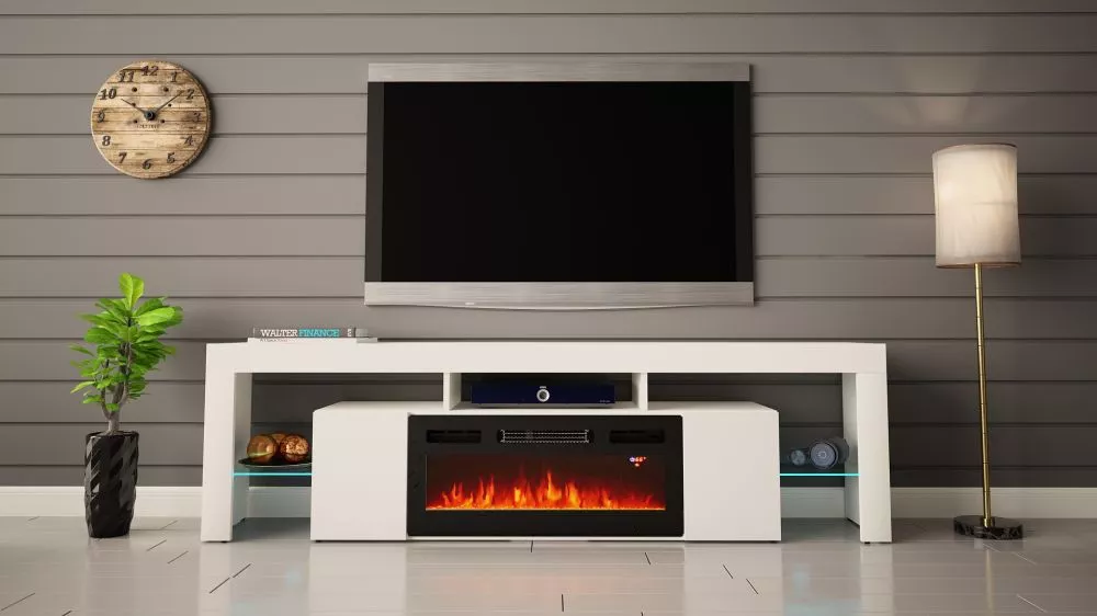 TV tumba Solido 200 LED ar kamīnu · Balts · 200 × 35 × 57 cm