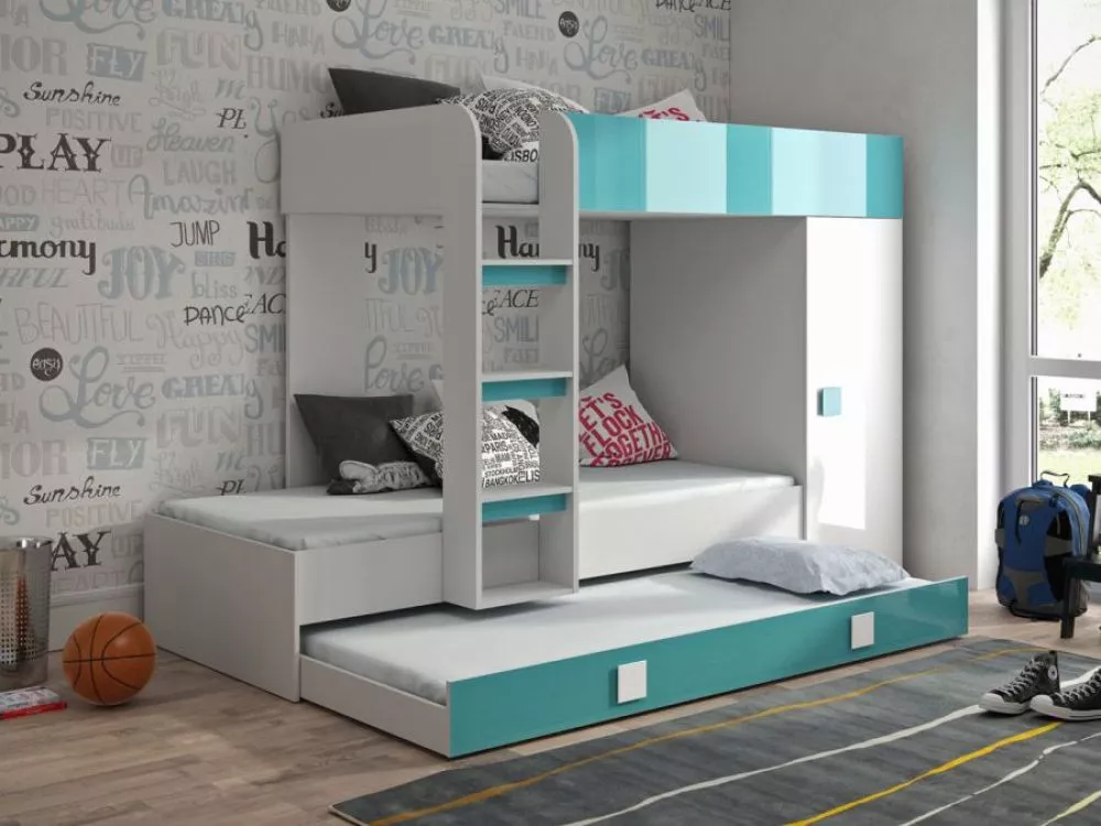 Bērnu gulta Toledo 2 Lux ar stelāžām Guļamvietas platums: 90 cm, Guļamvietas garums: 200 cm, · 94.4 × 254.4 × 165 cm
