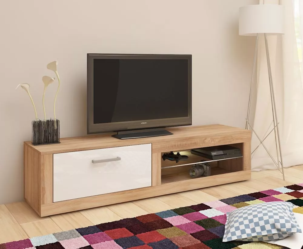 TV tumba Viki New · Sonoma + balts spīdums · 160 × 39.2 × 39 cm