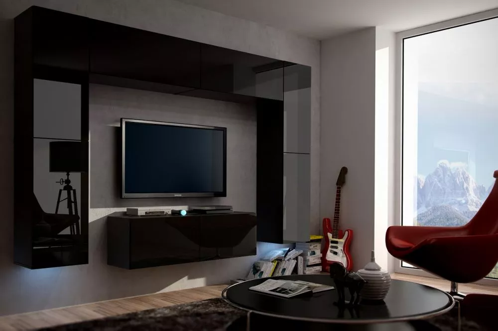 Sekcija Concept 3 gloss ar LED · Melns · 256 × 35 × 181 cm