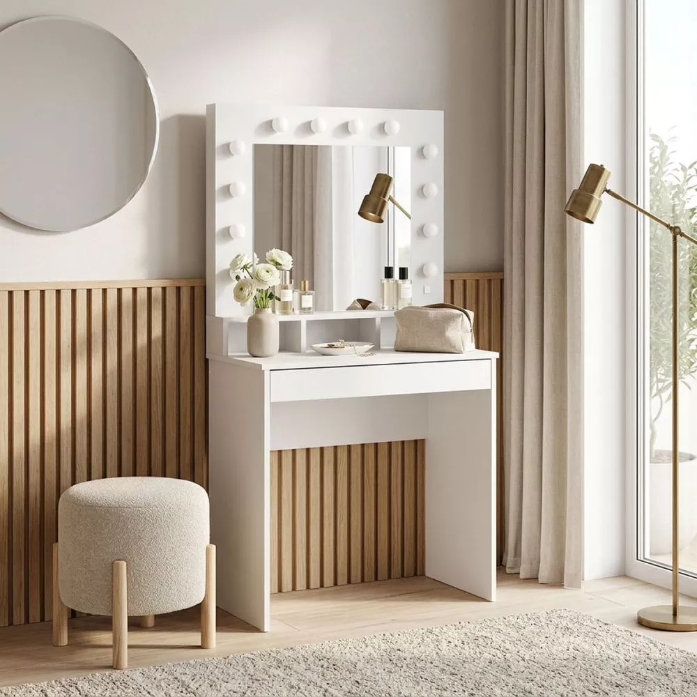 Kosmētikas galds Broadway 80 ar LED · Balts · 80 × 152 × 44 cm