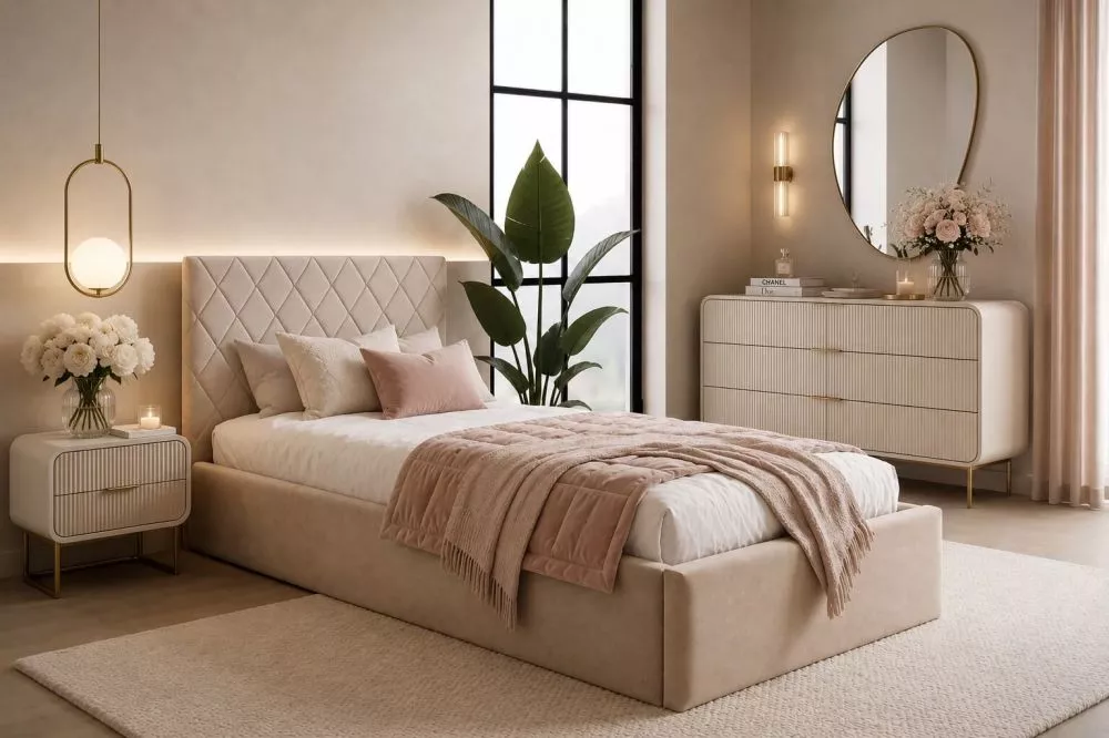 Gulta Azuro S10 Standard ar stelāžu Guļamvietas platums: 100 cm, Guļamvietas garums: 200 cm, · Bēšs · 114 × 214 × 101 cm