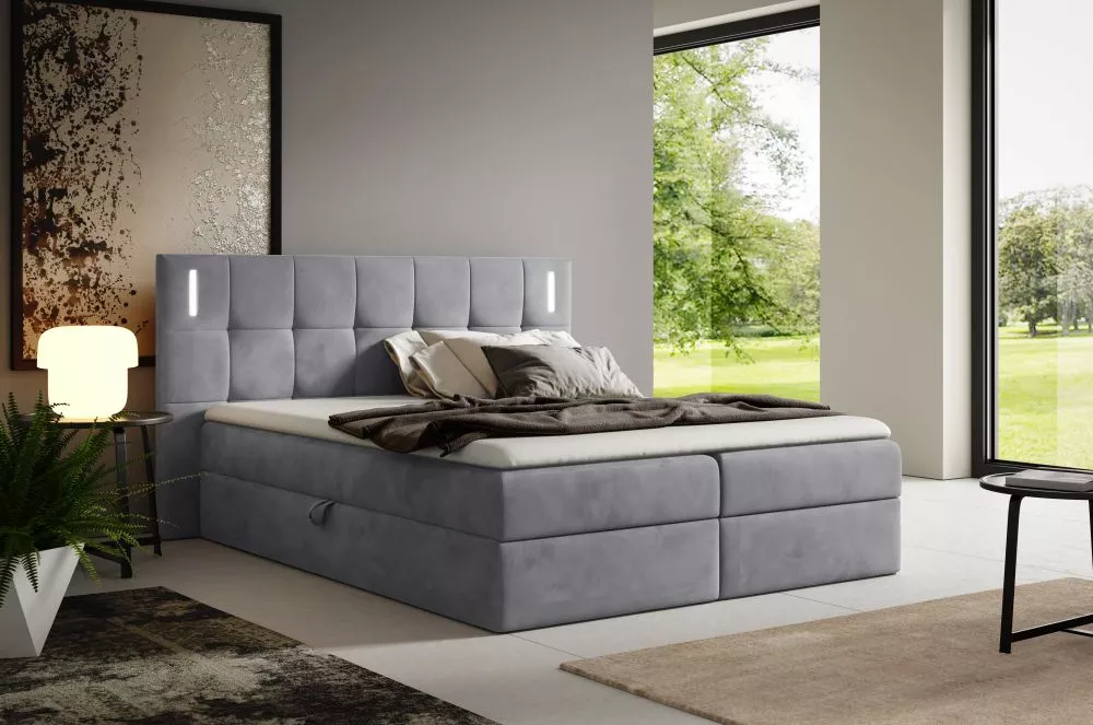 Gulta Denver Boxspring Standard ar LED Guļamvietas platums: 120 cm, Guļamvietas garums: 200 cm, · Pelēks · 152 × 208 × 1