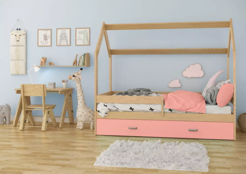 Bērnu gulta Domek D3 ar stelāžu Guļamvietas platums: 80 cm, Guļamvietas garums: 160 cm, · 87 × 164 × 144 cm