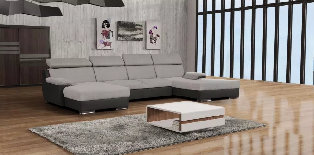 Dīvāns Deluxe U2 standard · Gaiši pelēks + melns · 172 × 374 × 81 cm