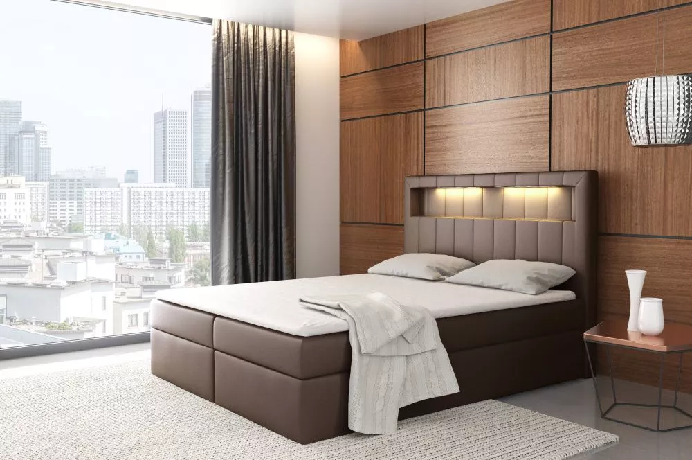 Gulta Aspen Boxspring Standard ar LED Guļamvietas platums: 140 cm, Guļamvietas garums: 200 cm, · Brūns · 142 × 217 × 123