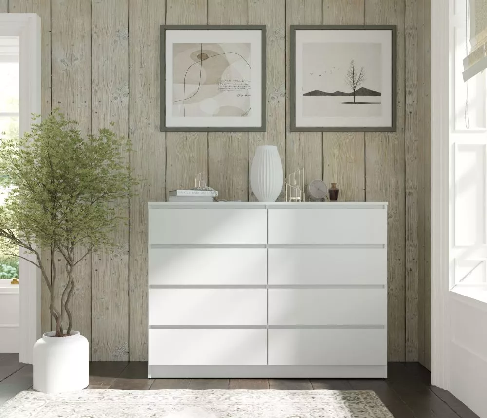Kumode Maja K140 S8 · Balts · 140 × 40 × 104 cm