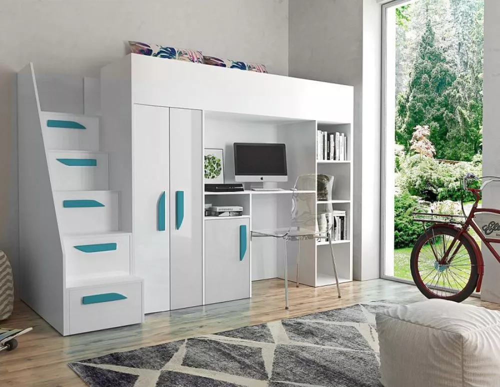 Bērnu gulta Party 14S ar stelāžu Guļamvietas platums: 90 cm, Guļamvietas garums: 200 cm, · 120 × 247 × 165 cm