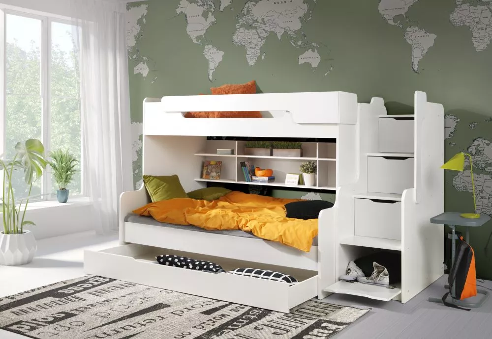 Bērnu gulta Harry Premium ar stelāžām Guļamvietas platums: 90 cm, Guļamvietas garums: 200 cm, · 129 × 260 × 155 cm