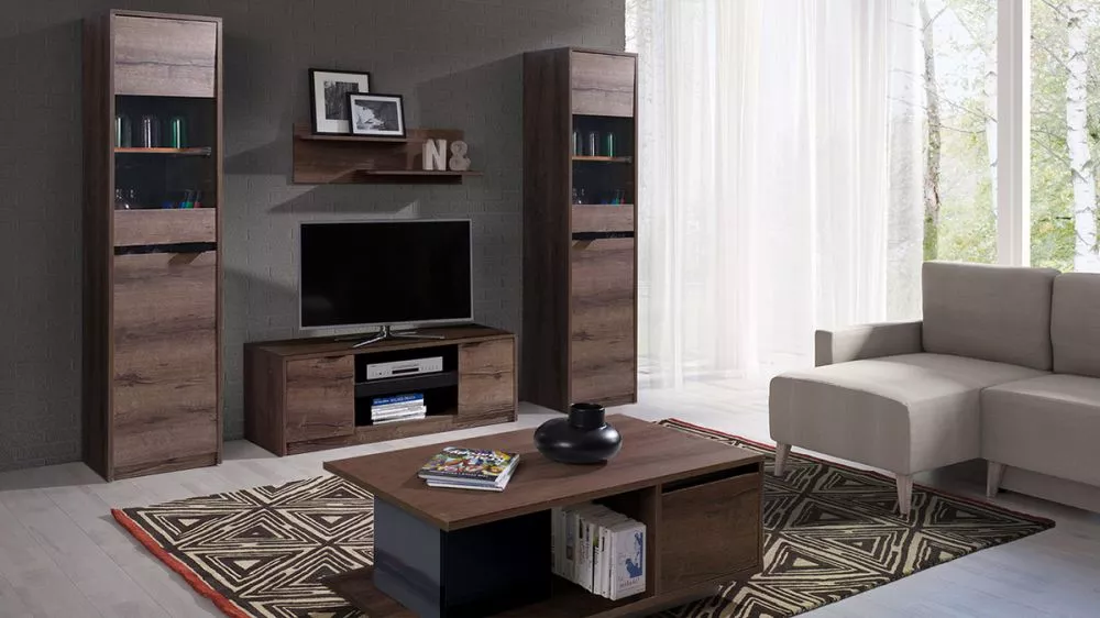 Sekcija Denver Set 3 ar LED Korpusa krāsa: tumšais ozols, Elementu krāsa: melns, · 200 cm