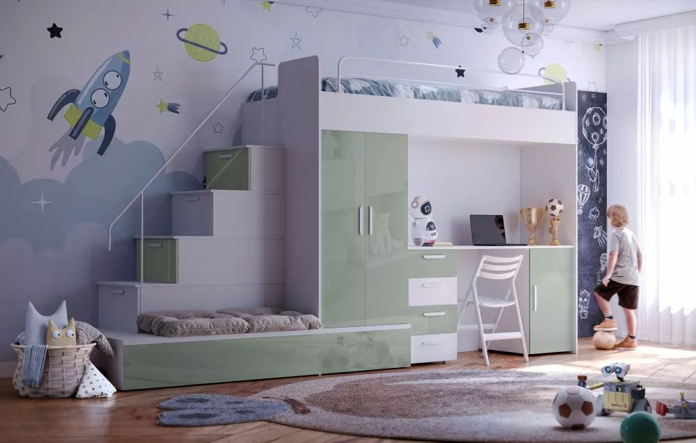 Bērnu gulta Raj 5 W gloss ar stelāžu Guļamvietas platums: 80 cm, Guļamvietas garums: 200 cm, · 85 × 324 × 180 cm