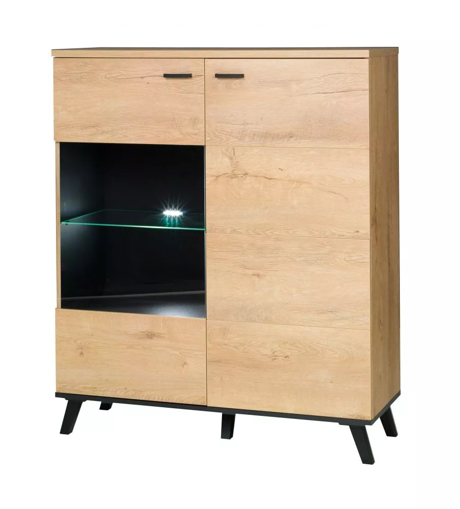 Kumode John 4 ar LED · Ozols lefkas + melns · 101 × 40 × 121 cm