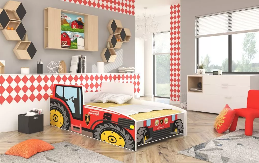 Bērnu gulta Farmer Tractor ar stelāžu Guļamvietas platums: 80 cm, Guļamvietas garums: 160 cm, · Sarkans · 84 × 165 × 49 