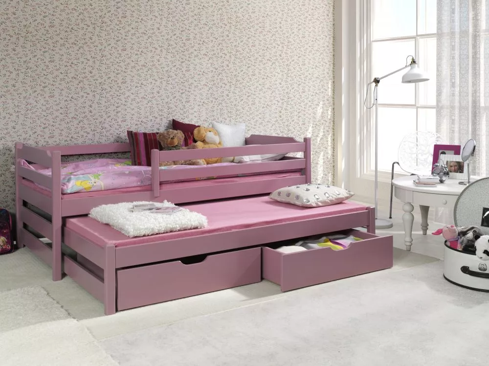 Bērnu gulta Marcin 2 ar stelāžām Guļamvietas platums: 80 cm, Guļamvietas garums: 180 cm, · Rozā · 87 × 190 × 77 cm