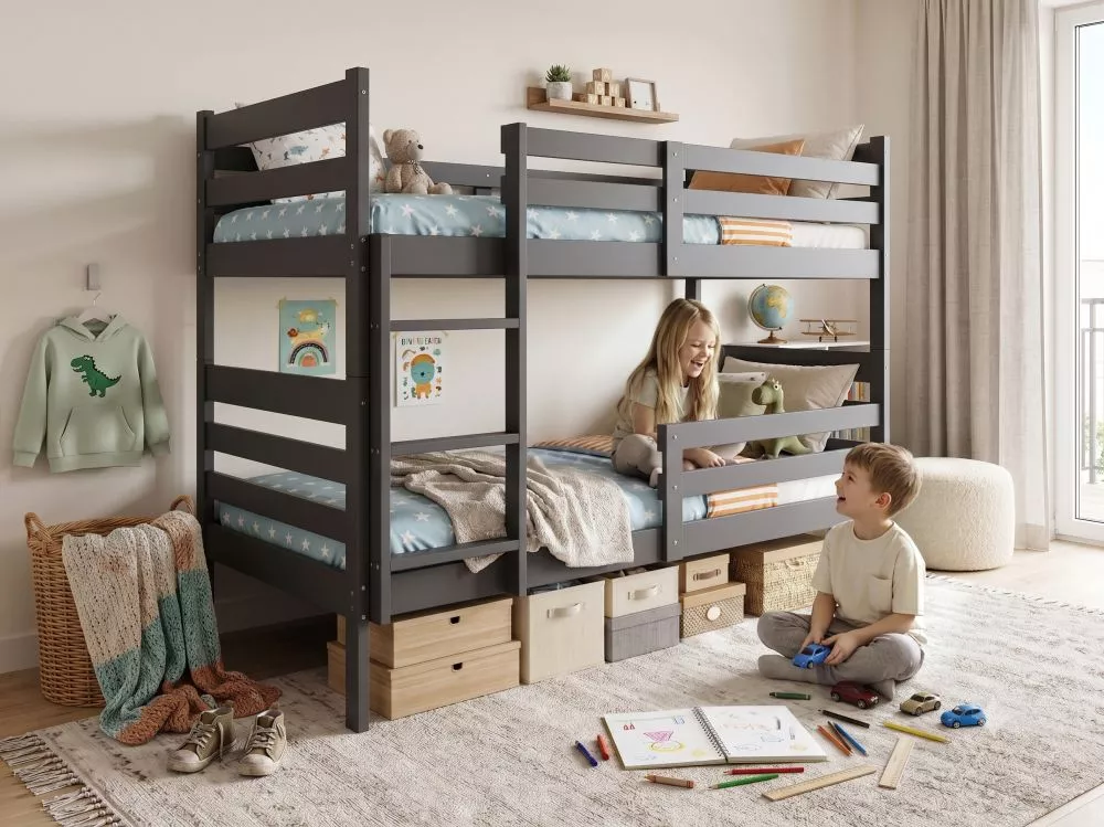 Bērnu gulta Eryk Pine ar stelāžām Guļamvietas platums: 90 cm, Guļamvietas garums: 190 cm, · Grafīts · 97 × 195 × 154 cm