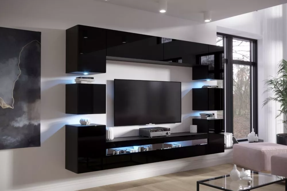 Sekcija Next 36 gloss ar LED · Melns · 256 × 35 × 205 cm